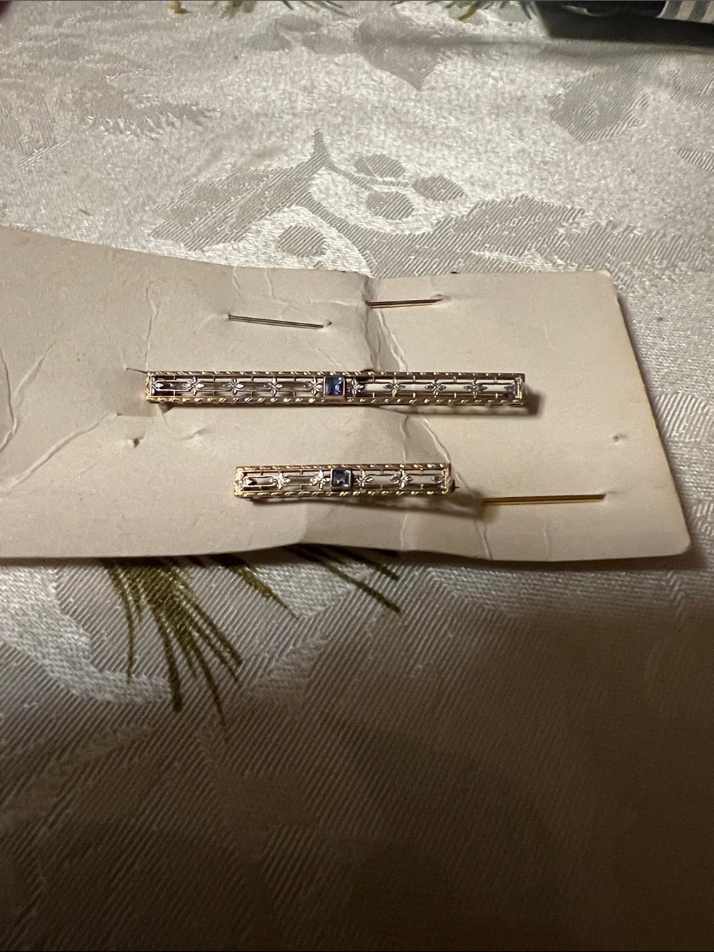 Gold-Tone Bar Brooch Set with Blue Accent Stone - Women’s Jewelry